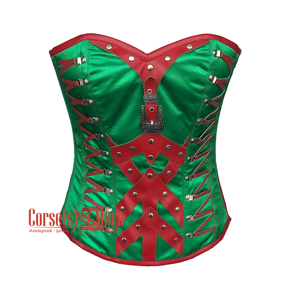 Green Satin Red Leather Steampunk Costume Gothic Overbust Corset Corsetsnmore