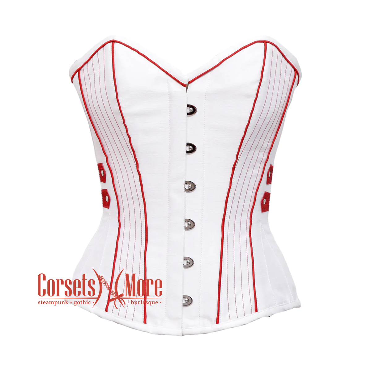 White Satin With Red Thread Design Overbust Corset Top – CorsetsNmore