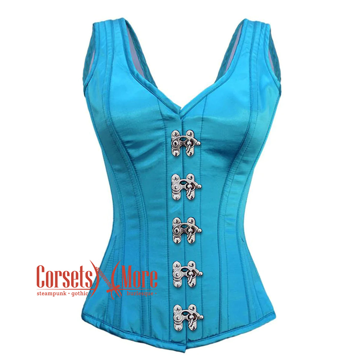 Baby Blue Satin Burlesque Overbust Corset Bustier Top – CorsetsNmore