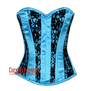 Plus Size Turquoise Satin With Black Net Front Close Gothic Overbust Burlesque Corset