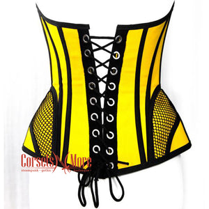 Yellow Satin black mesh Zipper Steampunk Overbust Bustier Corset