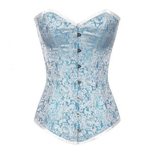Baby Blue Brocade Long Gothic Overbust Bustier Corset