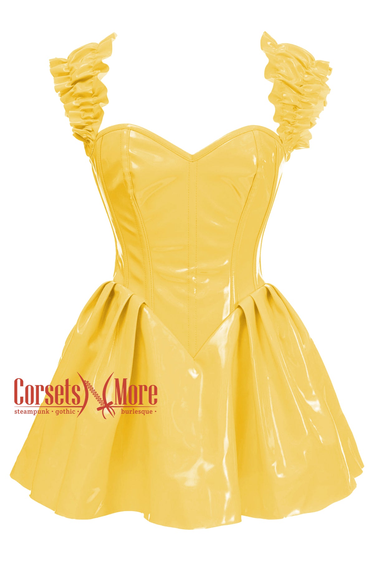Yellow PVC Leather Overbust Dress Corset With Shoulder Straps 13XL