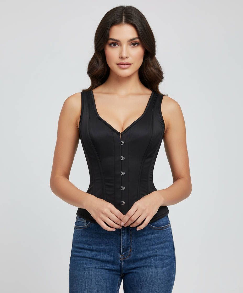 Black Corset Top | Black Satin Overbust Corset – CorsetsNmore