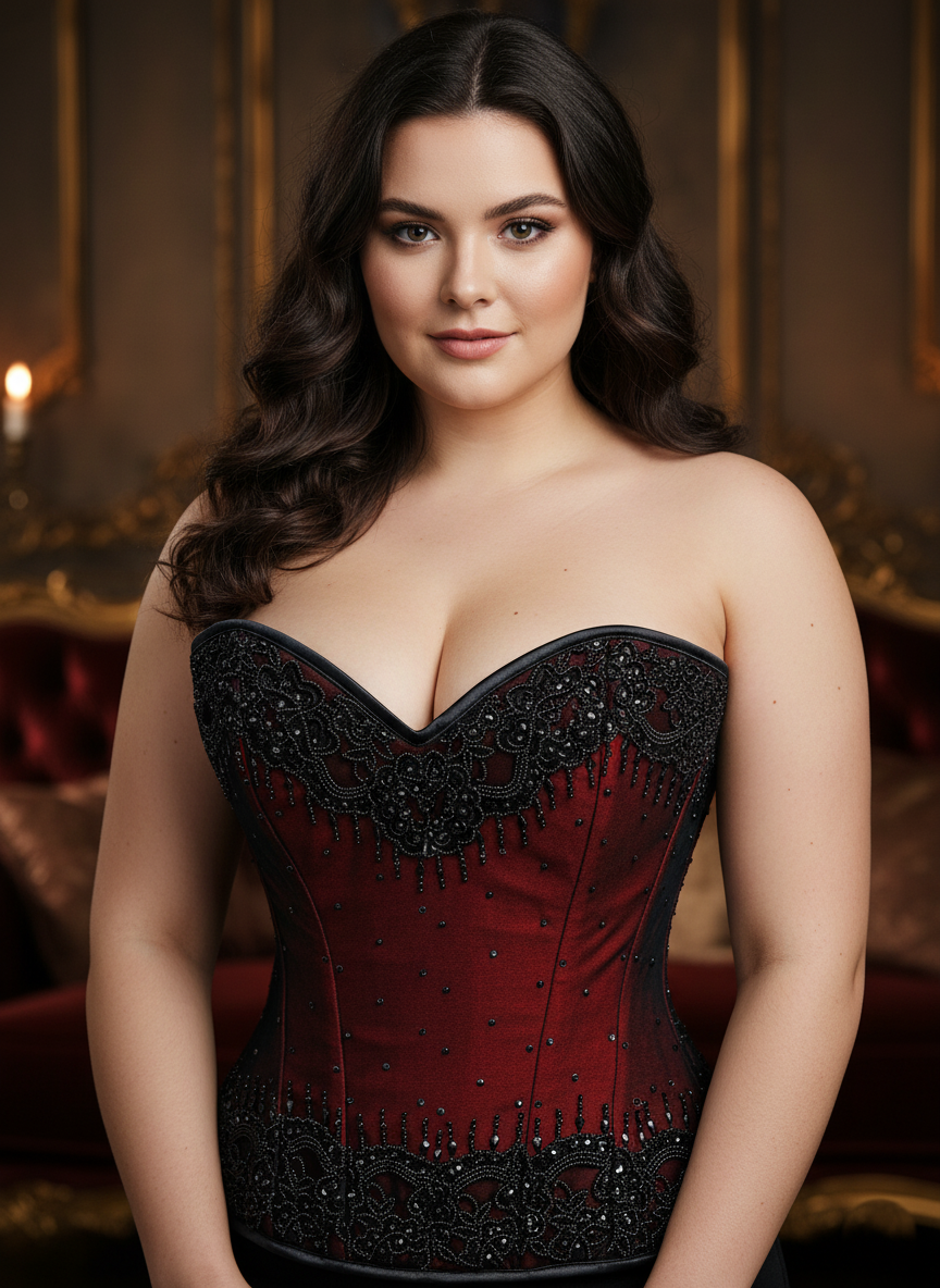 Red Satin Black Sequins Burlesque Overbust Corset Top – CorsetsNmore