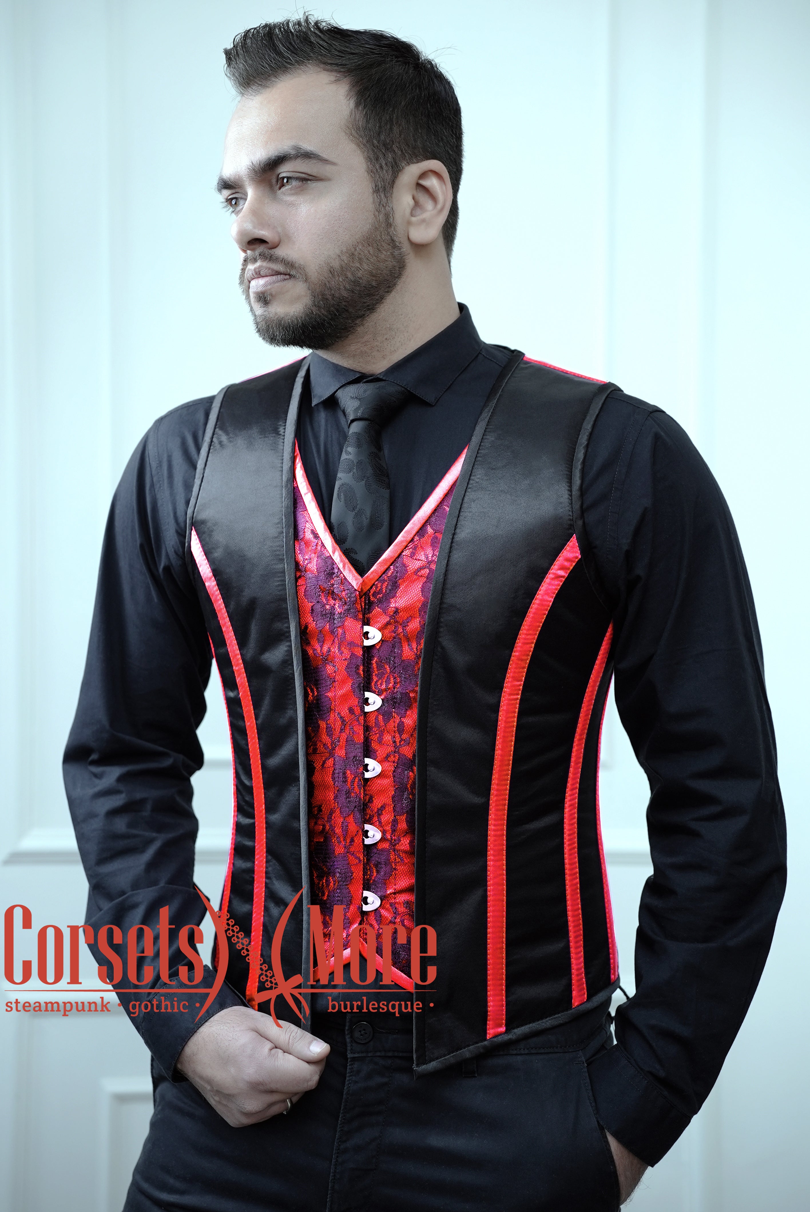 Red Dress Shirt Black Vest Royal Satin Red and Black Authentic Steel Boned Men's Corset Vest 3XS Red Dress Shirt Black Vest Royal Satin Red and Black Authentic Steel Boned Men's Corset Vest 3XS