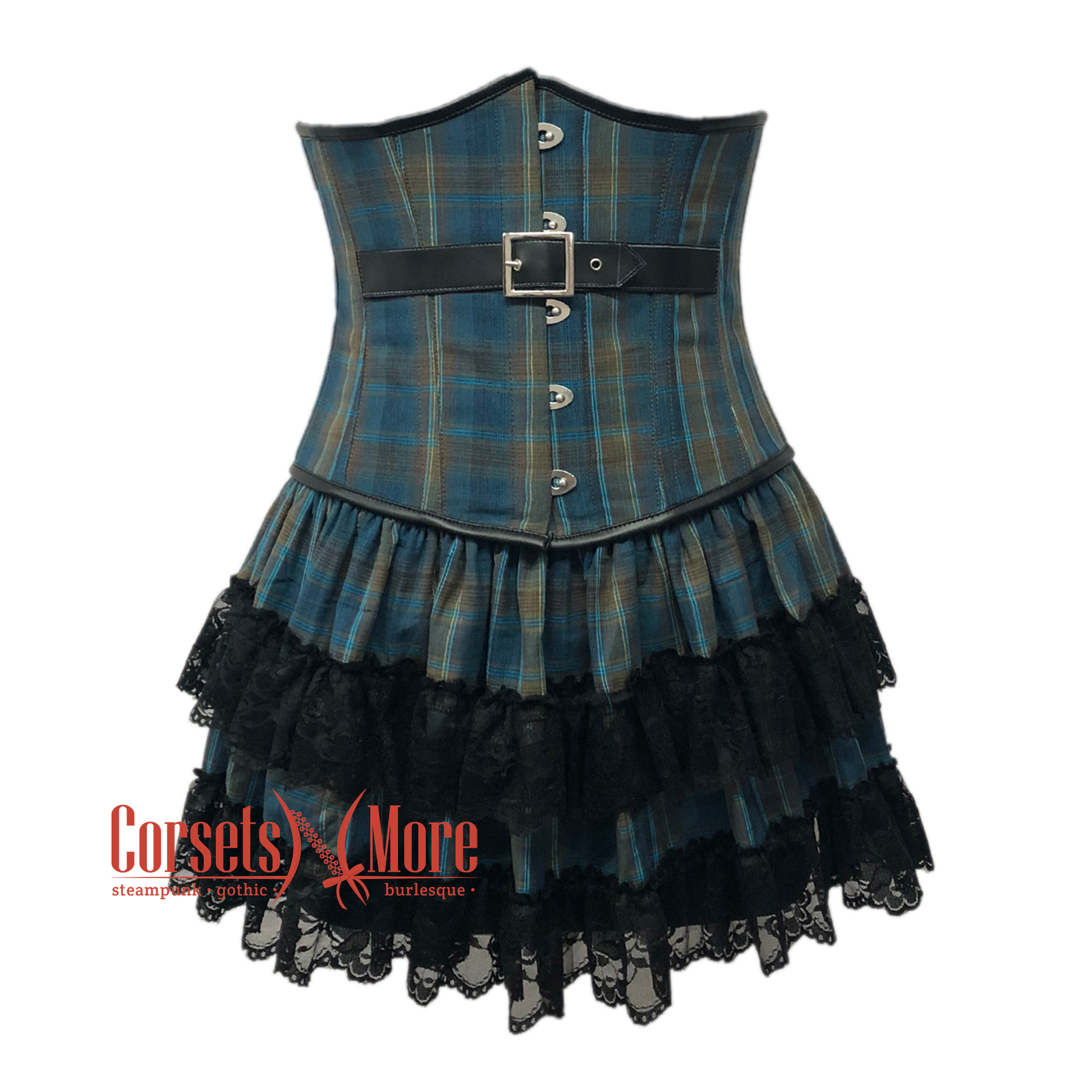 Blue Check Print Cotton Steampunk Corset With Skirt Underbust Dress XL | 30 (for waist size 34"-35) Blue Check Print Cotton Steampunk Corset With Skirt Underbust Dress XL | 30 (for waist size 34"-35)