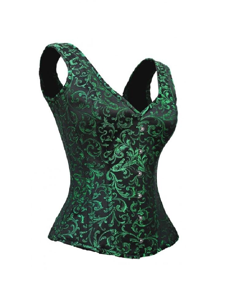 Green Black Brocade Shoulder Strap Overbust Burlesque Corset – CorsetsNmore