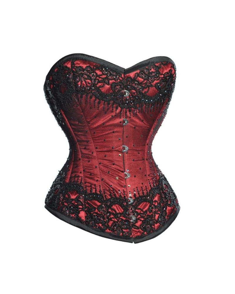 Red Satin Black Sequins Waist Training Overbust Corset Top – CorsetsNmore