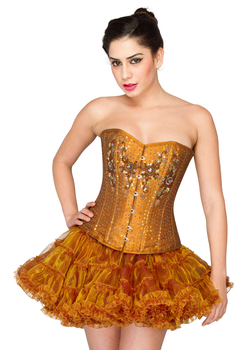 Golden Cotton Silk Sequins Waist Cincher Overbust Corset Top

– CorsetsNmore