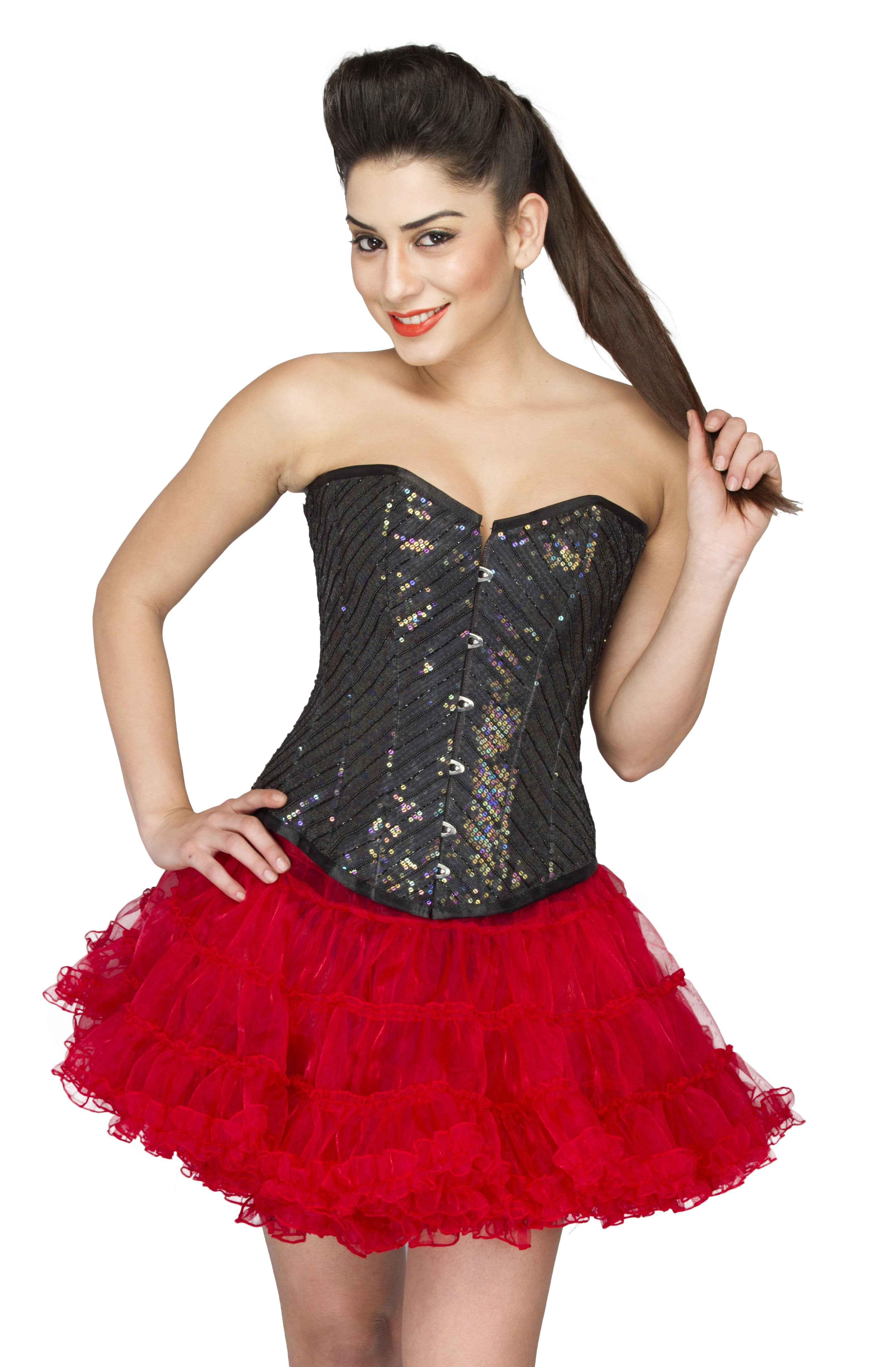 Plus Size Black Cotton Silk Sequins Corset Costume With Red Tutu Skirt Dress Plus Size Black Cotton Silk Sequins Corset Costume With Red Tutu Skirt Dress