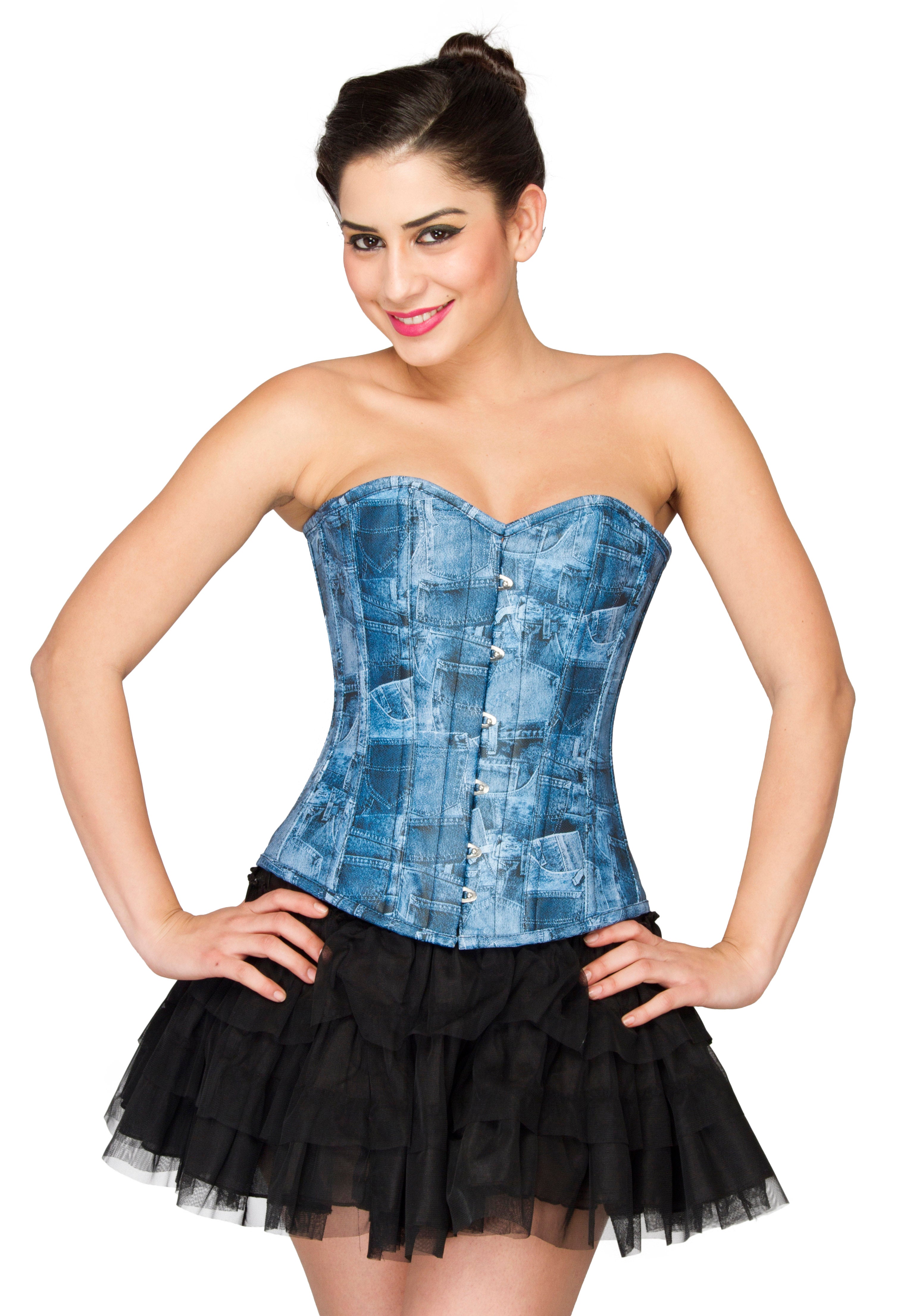 Blue Denim Print Overbust Corset Top with Tutu Skirt Dress Xs | 22 (FOR Waist Size 26"-27) Blue Denim Print Overbust Corset Top with Tutu Skirt Dress Xs | 22 (FOR Waist Size 26"-27)