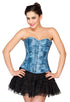 Blue Denim Print Faux Leather Overbust Corset Dress Top