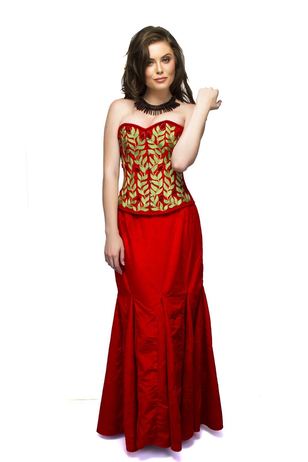 Red Velvet Embroidery Overbust Plus Size Corset & Long Skirt 52 (for waist Size 56"-57) Red Velvet Embroidery Overbust Plus Size Corset & Long Skirt 52 (for waist Size 56"-57)