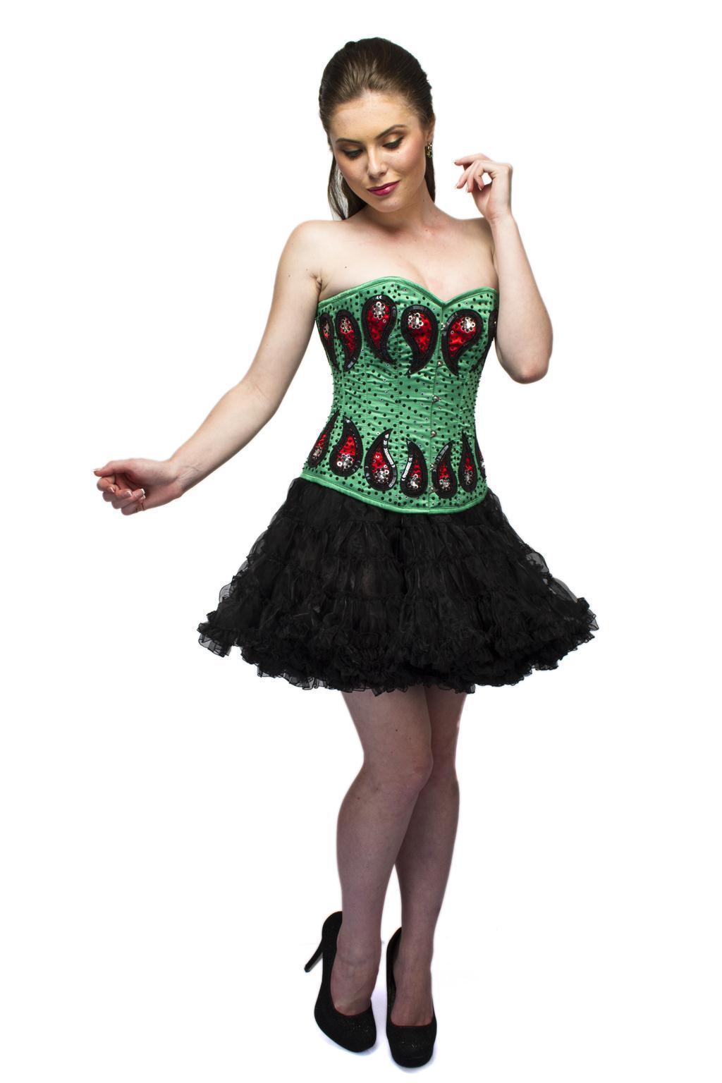 Green Satin Red Sequins Overbust Plus Size Corset Tissue Tutu Skirt 44 (for waist Size 48"-49) Green Satin Red Sequins Overbust Plus Size Corset Tissue Tutu Skirt 44 (for waist Size 48"-49)