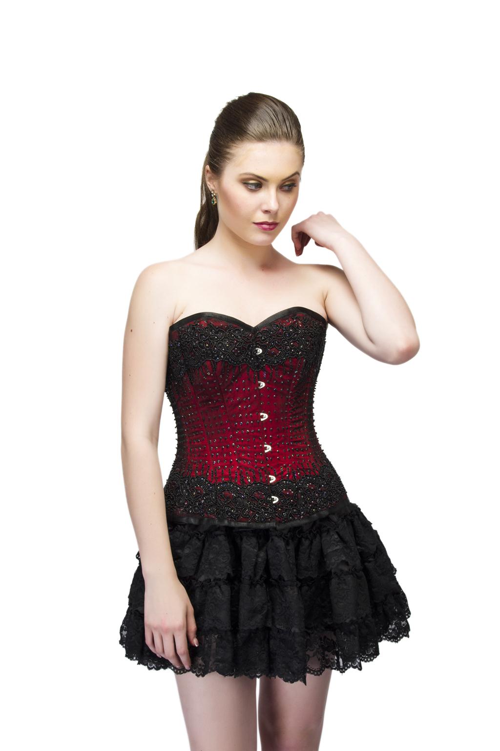 Red Satin Black Handmade Sequins Women Overbust Corset Dress 13XL | 54 (for waist size 58"-59") Red Satin Black Handmade Sequins Women Overbust Corset Dress 13XL | 54 (for waist size 58"-59")