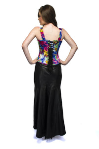 Poly Satin Printed Plus Size Overbust Corset Top & Long Leather Skirt - CorsetsNmore