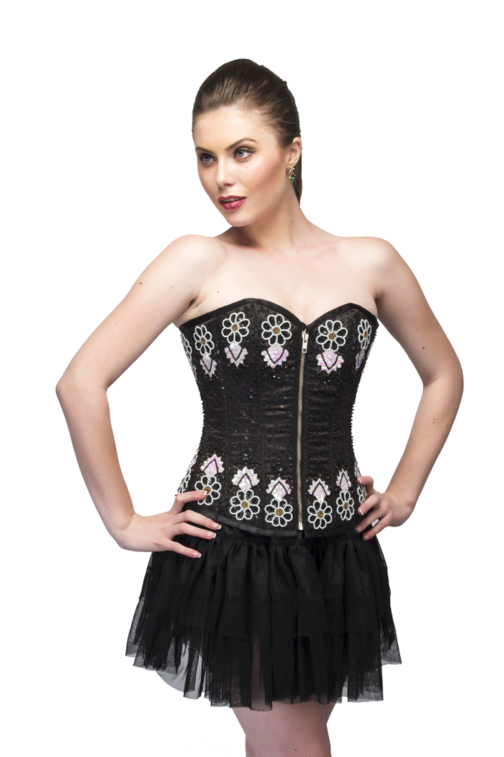 Black Satin Sequins Overbust Plus Size Corset Tutu Skirt Dress 44 (FOR Waist Size 48"-49) Black Satin Sequins Overbust Plus Size Corset Tutu Skirt Dress 44 (FOR Waist Size 48"-49)