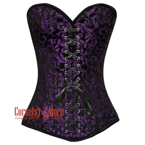 Purple And Black Brocade Front Black Lace Gothic Longline Corset Overbust Top