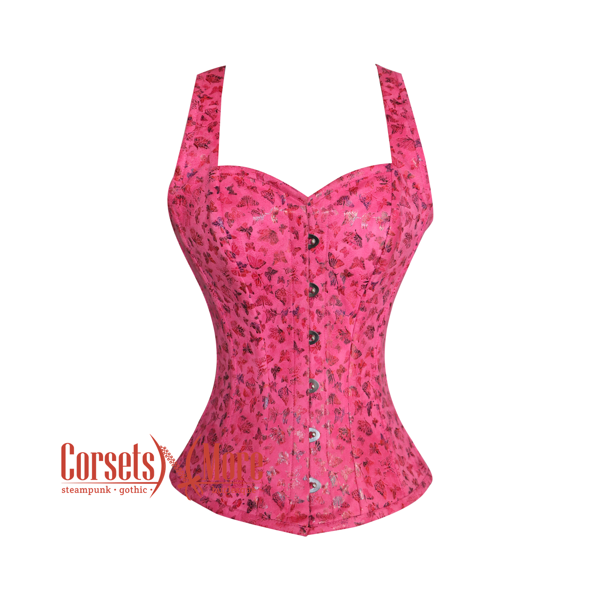 Plus Size Pink Butterfly Printed Soft Leather Corset With Shoulder