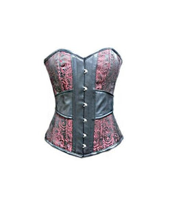Red Brocade Jacquard Leather Victorian Overbust Plus Size Corset Waist Training - CorsetsNmore
