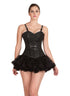 Plus Size Black Brocade Leather Straps Burlesque Overbust Corset Waist Training Top & Tutu Skirt Corset Dress