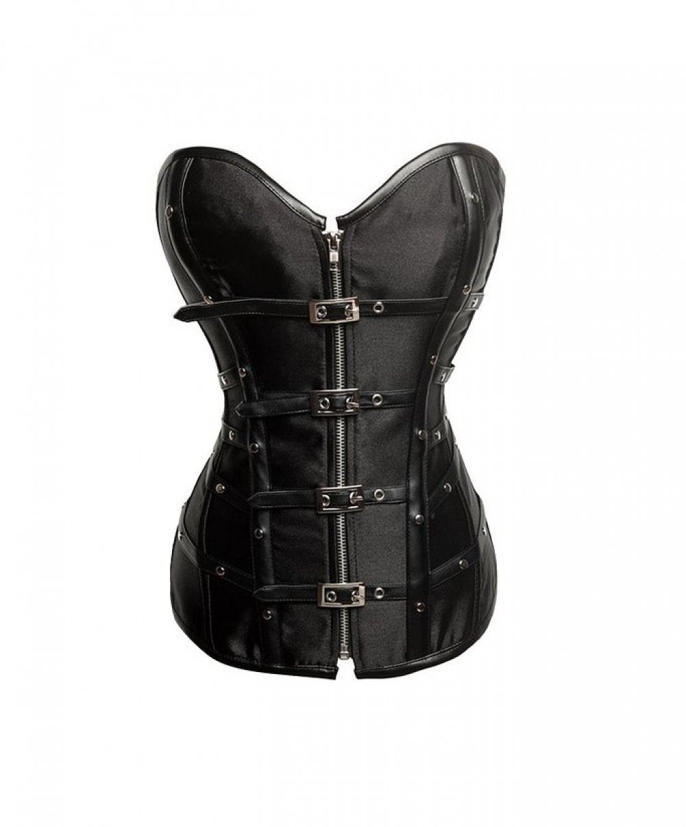 Black Satin Leather Belts Zipper LONGLINE Overbust Corset Top – CorsetsNmore