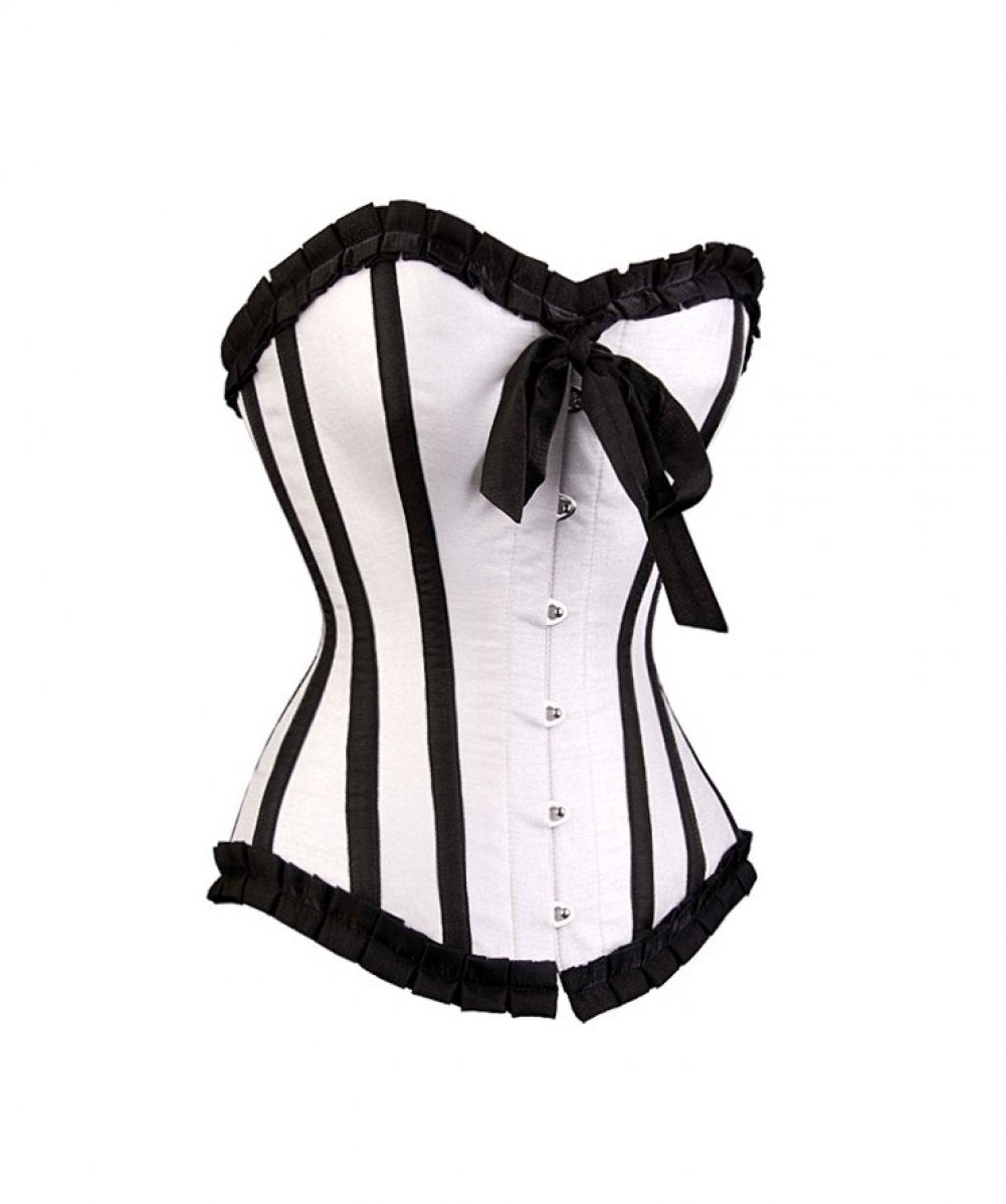 White Satin Black Strips Burlesque Corset Waist Training Overbust Gothic  Costume