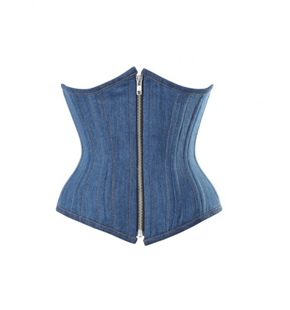 CorsetsNmore Plus Size Blue Denim Long Burlesque Bustier Waist Trainer Overbust Corset Top 11XL | 50 (FOR Waist Size 54-55)