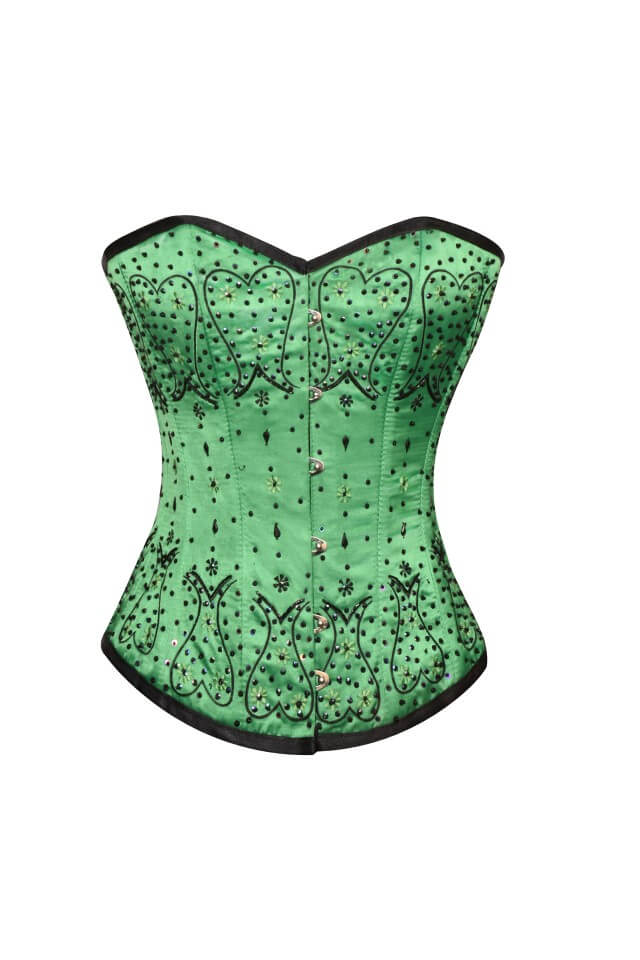 Green Satin Black Sequins Gothic Burlesque Overbust Corset