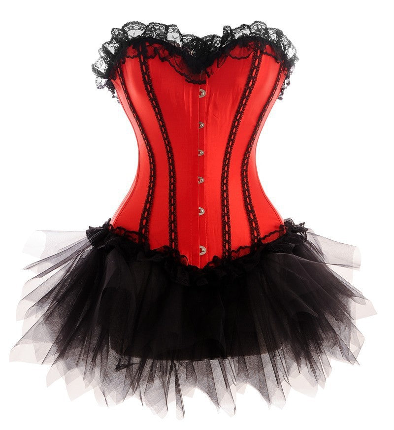 Plus Size Red Satin Black Tutu Skirt Burlesque Costume Overbust Corset Dress Plus Size Red Satin Black Tutu Skirt Burlesque Costume Overbust Corset Dress