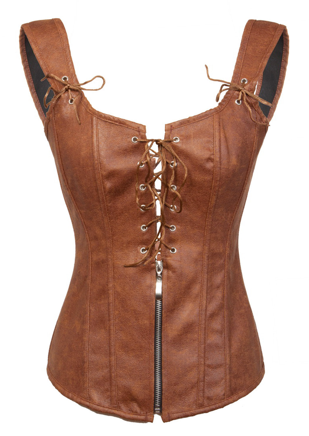 Long steel-boned corset, black, brown, white, red real leather