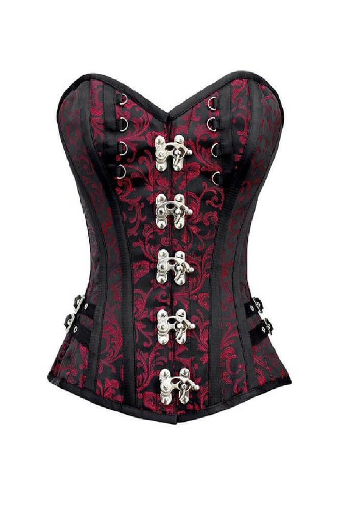 Red Black Brocade Leather Stripes Steampunk Overbust Corset– CorsetsNmore