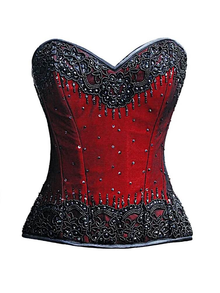 Red Satin Black Sequins Burlesque Overbust Corset Top – CorsetsNmore