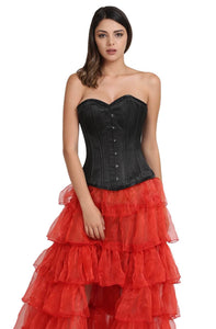 Black Satin Double Bone Gothic Burlesque Corset Waist Training Bustier Frill Tissue LONG Skirt Overbust Dress-