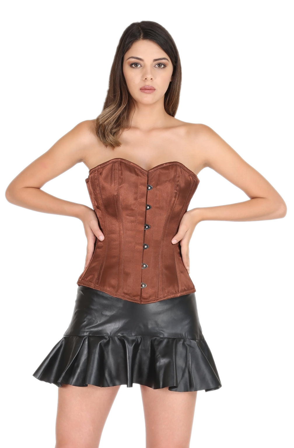 Brown Satin Plus Size Overbust Corset Leather Tutu Skirt