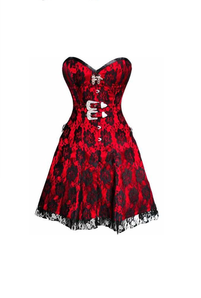 Red Satin Black Net Burlesque Plus Size Overbust Corset Frock 42 (for waist Size 46