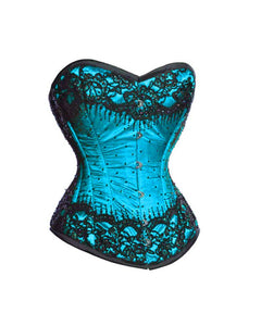 Baby Blue Satin With Sequins Burlesque Corset Waist Training Overbust - CorsetsNmore