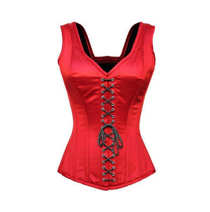 Red Satin Corset Shoulder Straps Gothic Burlesque Bustier Waist Training Overbust
