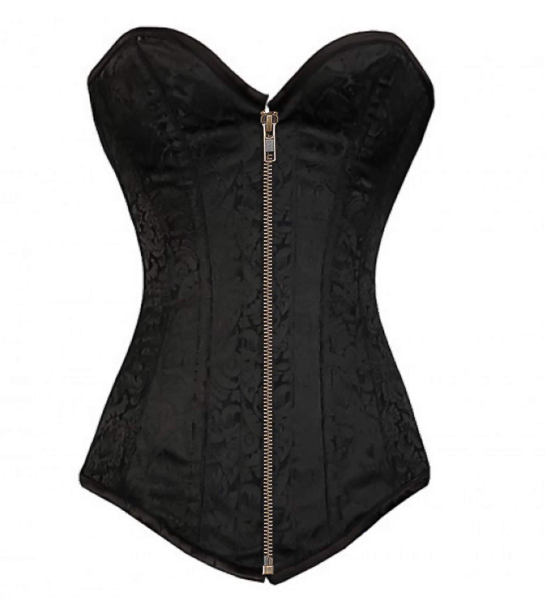 Black Brocade Gothic Burlesque LONGLINE Corset Zipper Opening Top