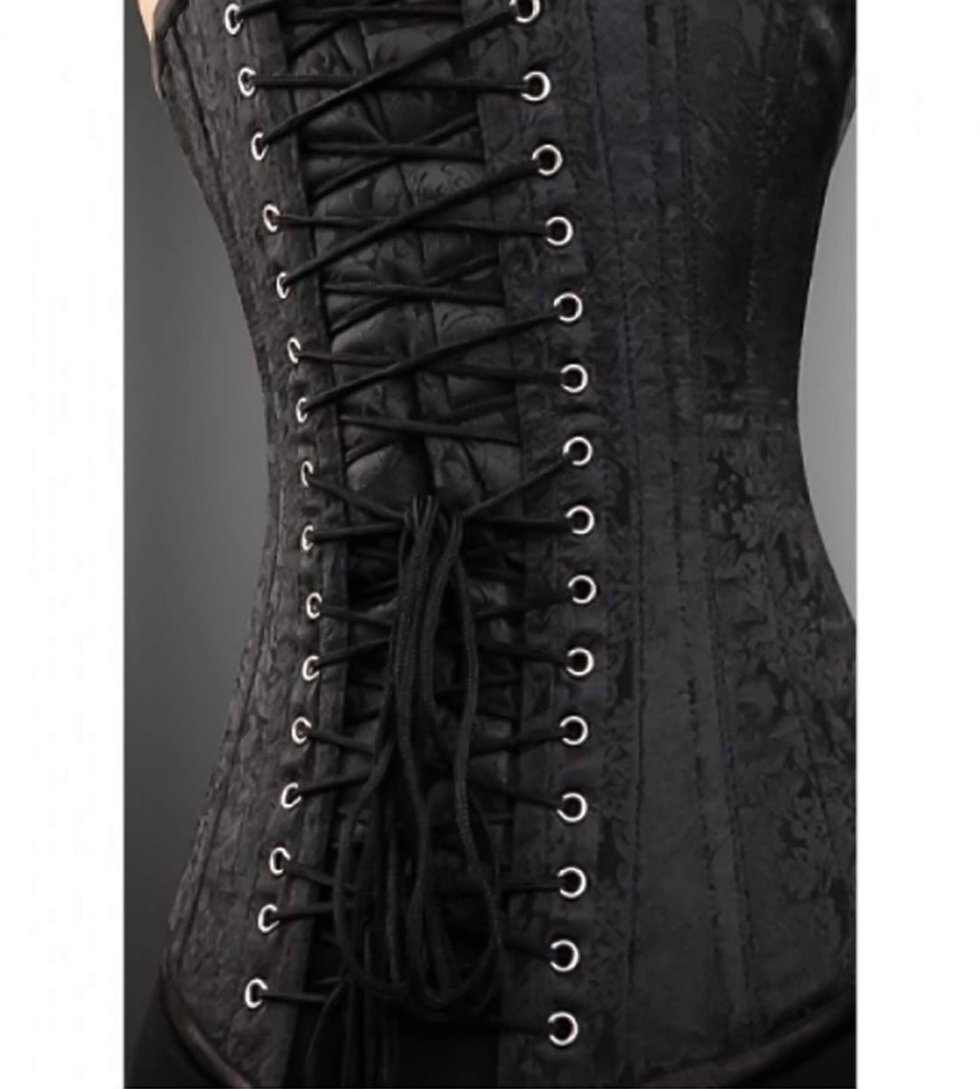 Black Brocade Gothic Burlesque LONGLINE Corset Zipper Opening