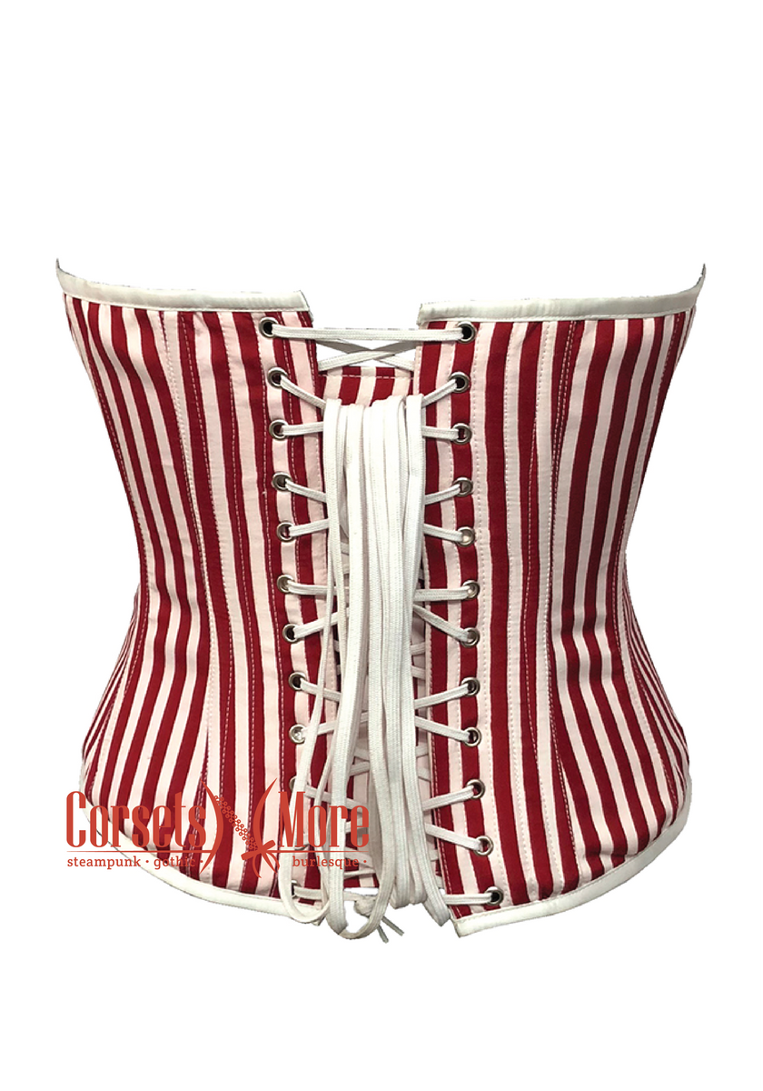 Gothic Red and White Vertical Striped Satin Overbust