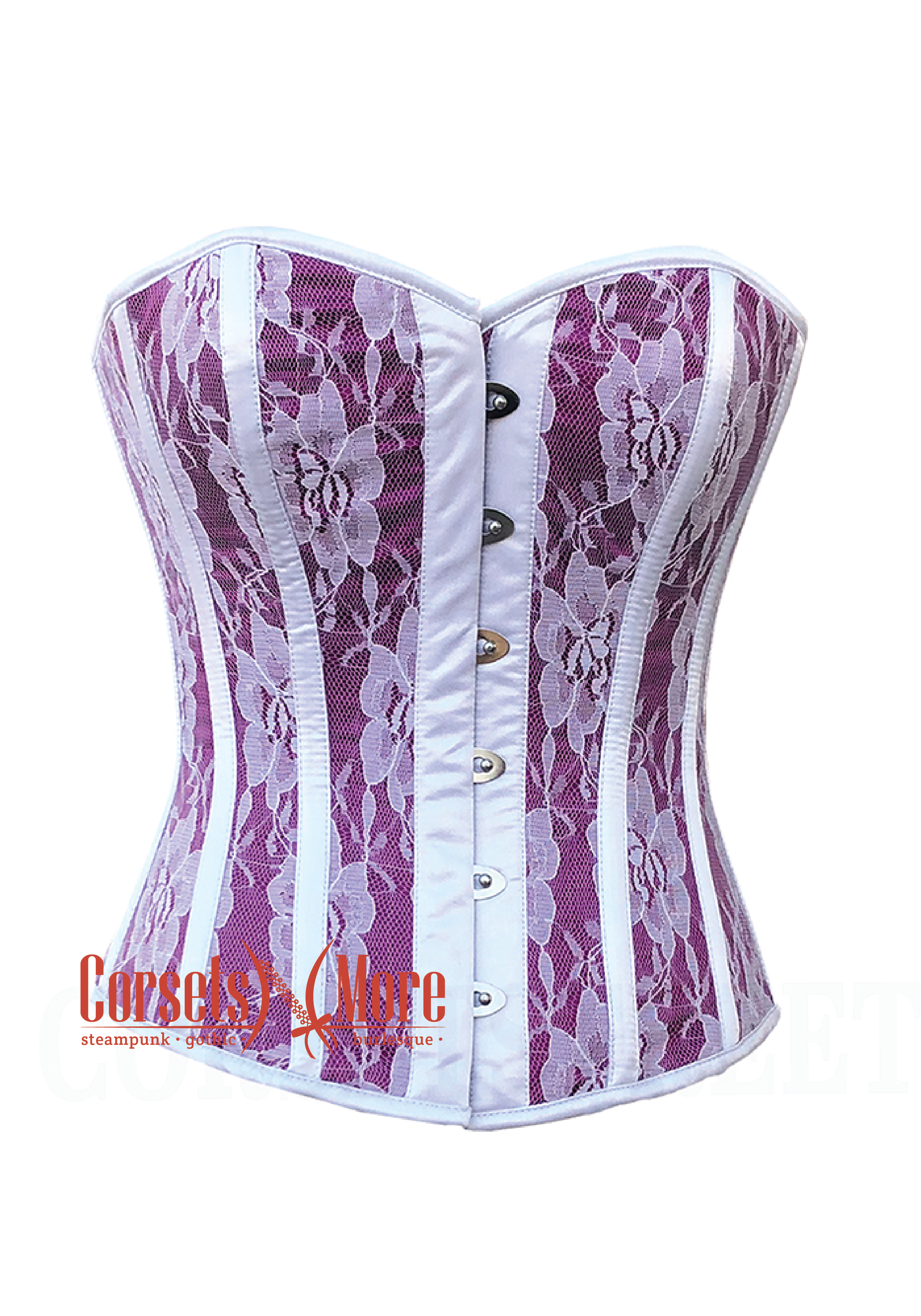 Purple Satin White Floral Lace Overbust Gothic Costume Bustier