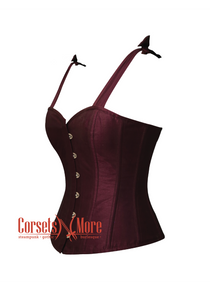 Wine Color Silk Corset Gothic Waist Training Bustier with tie Strap Overbust Vintage Top