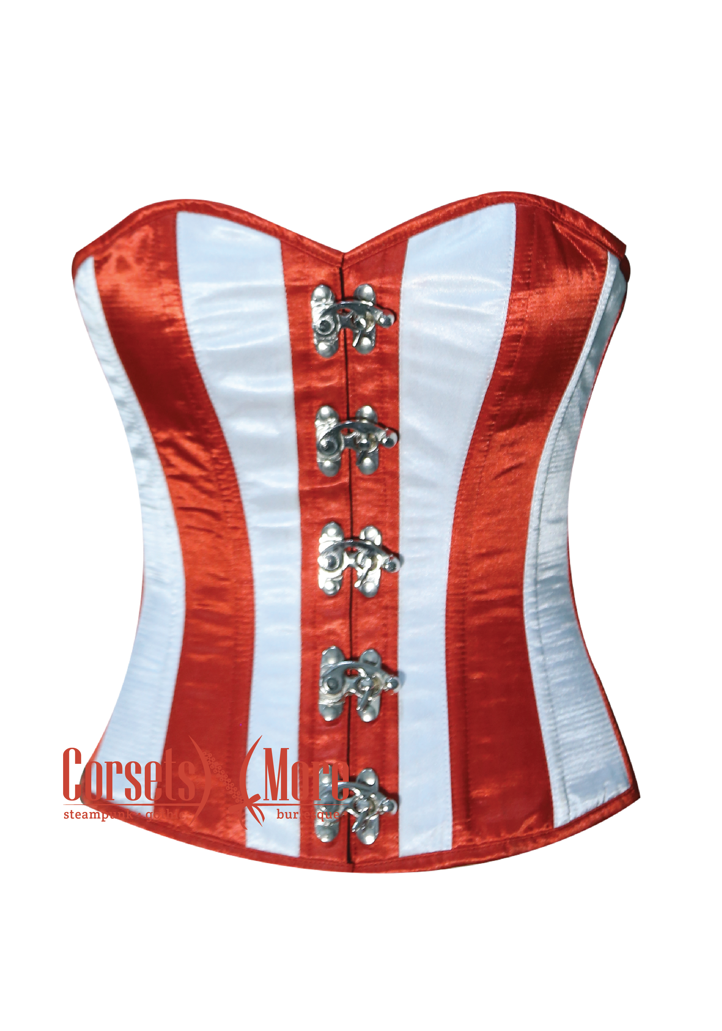 Plus Size Red and White Vertical Striped Satin Gothic Costume Waist  Training Overbust Bustier Top