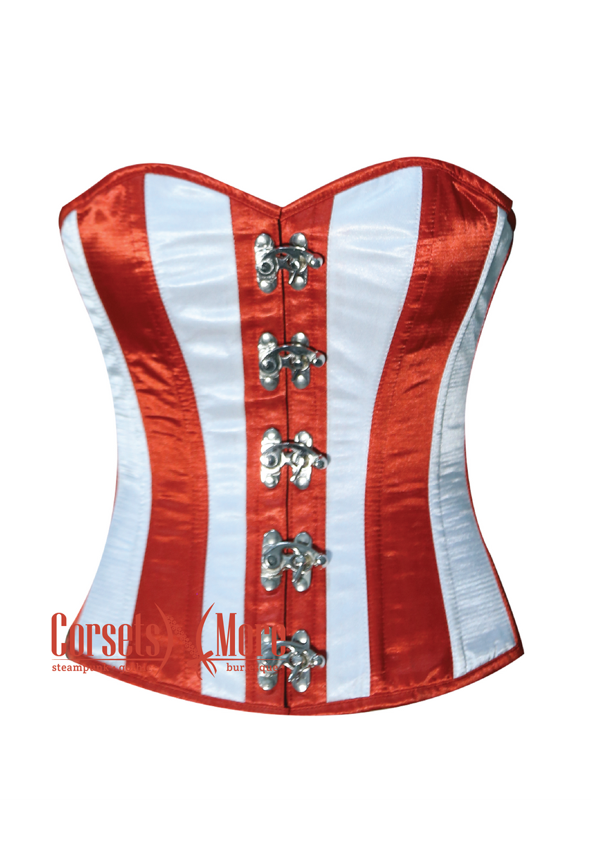 White And Red Stripes Burlesque Overbust Bustier Waist Training White And Red Stripes Burlesque Overbust Bustier Waist Training
