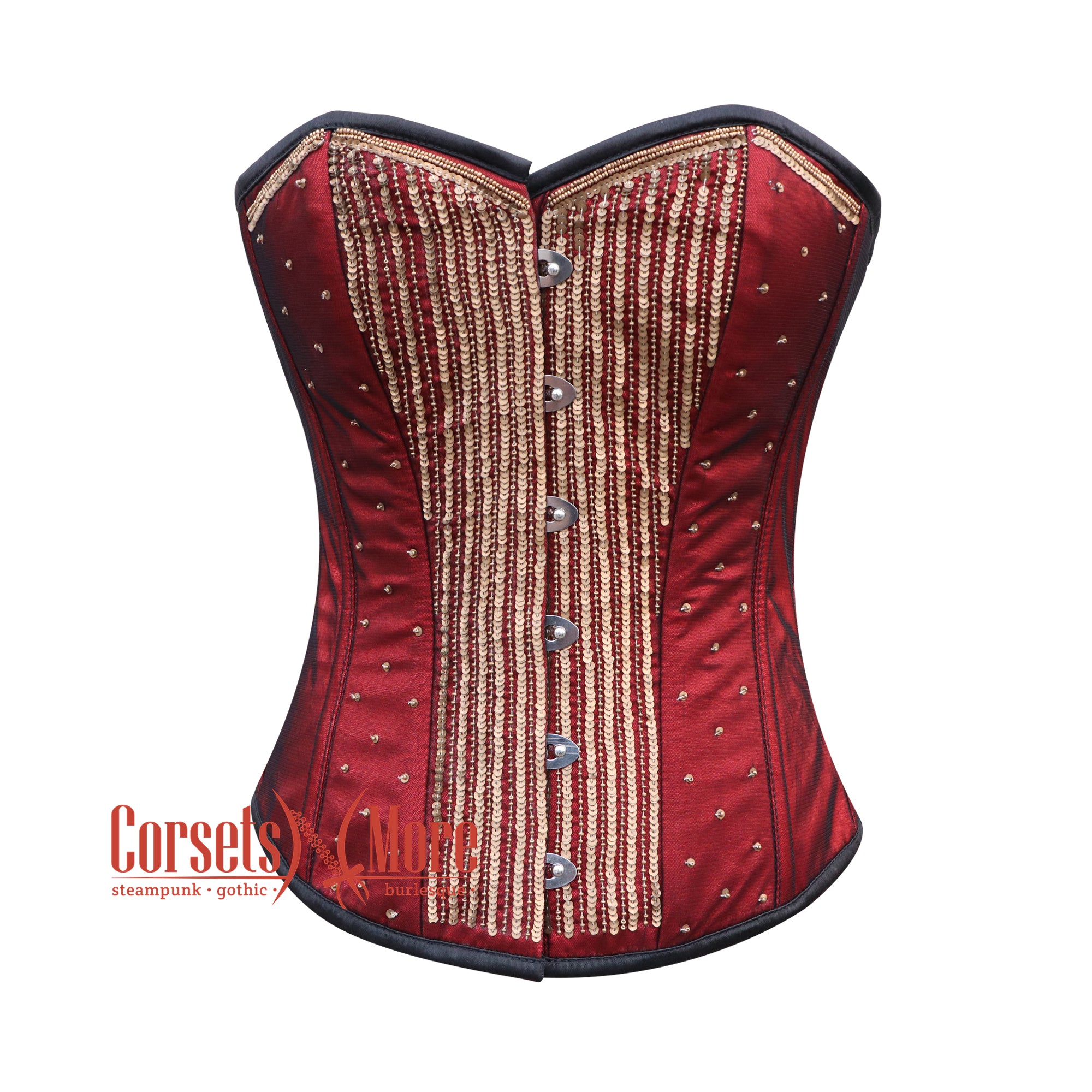 Red Satin Net Gold Sequins Burlesque Gothic Costume Overbust Bustier –  CorsetsNmore