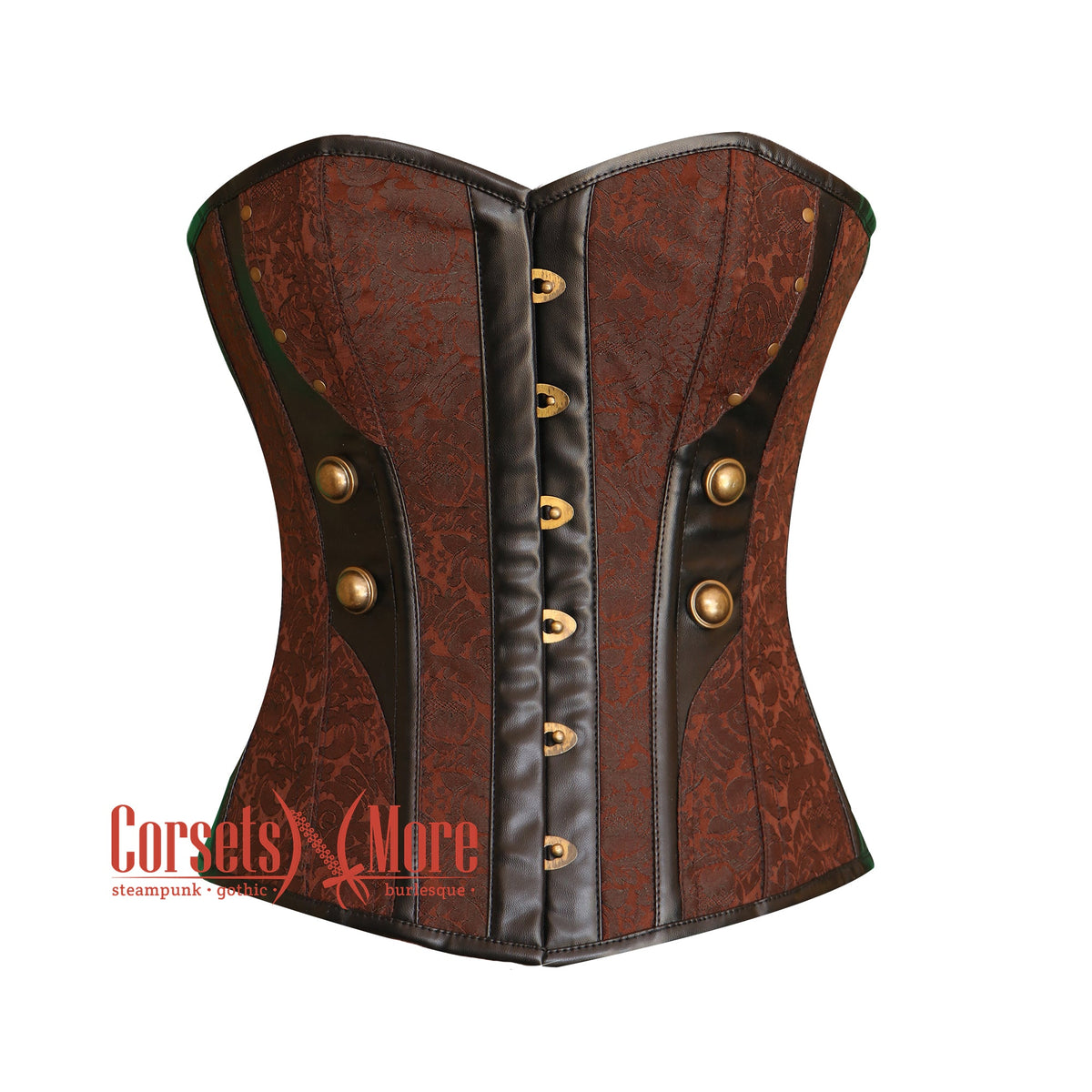 Plus Size Women's Steampunk Leather Corset Bustier - Brown Brocade Waist Cincher Shapewear