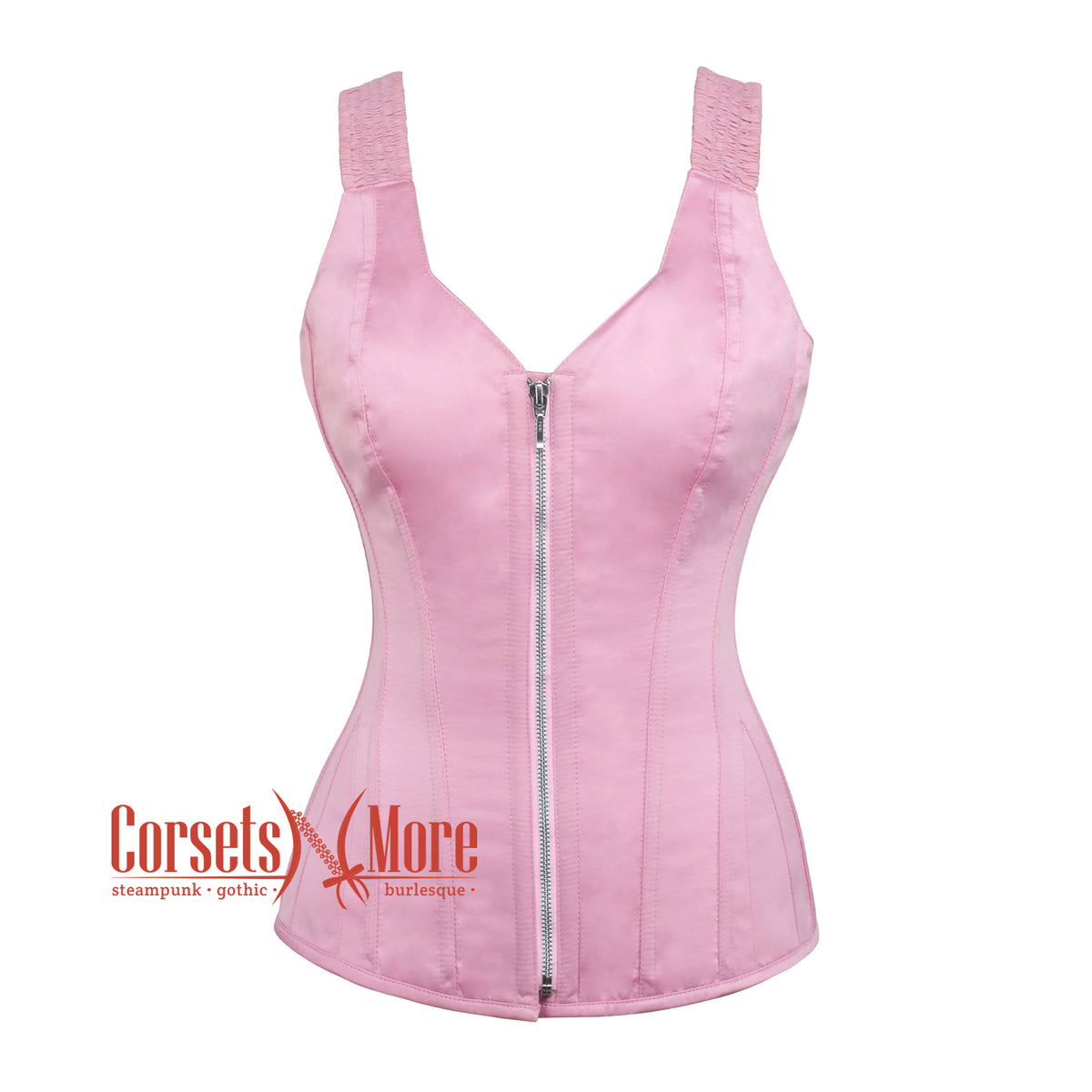Baby Pink Satin Gothic Overbust Corset With Shoulder Strap Bustier– CorsetsNmore