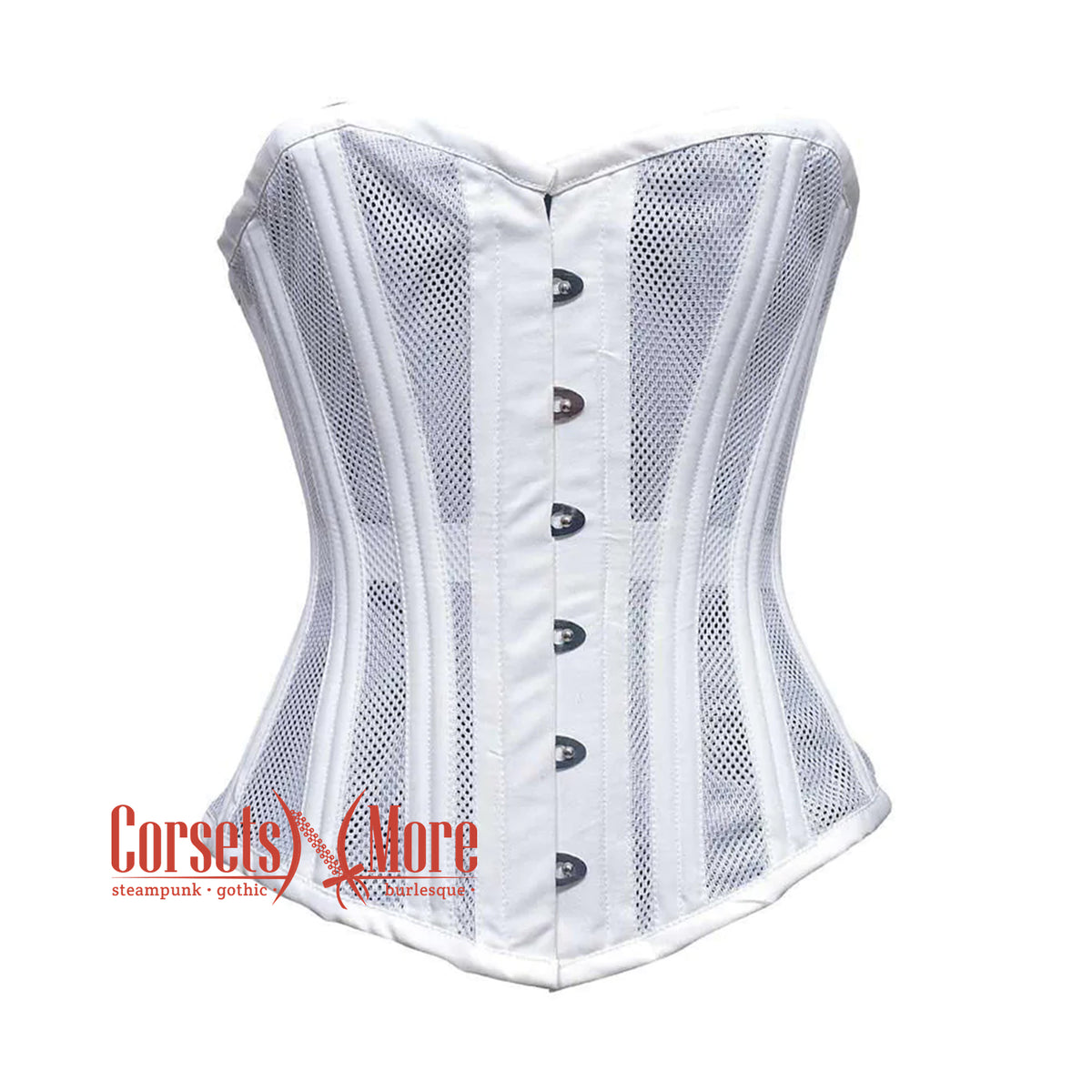 White Satin With Mesh Burlesque Gothic Overbust Corset Bustier Top